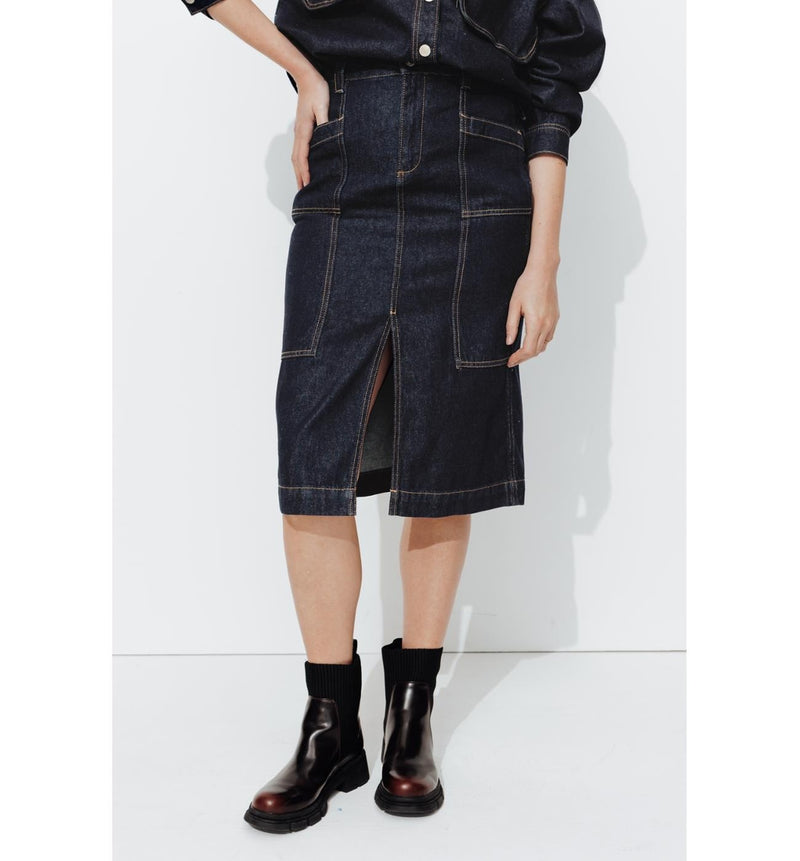 Jupe Midi en Jean Brut - Jeans Uni Fonce