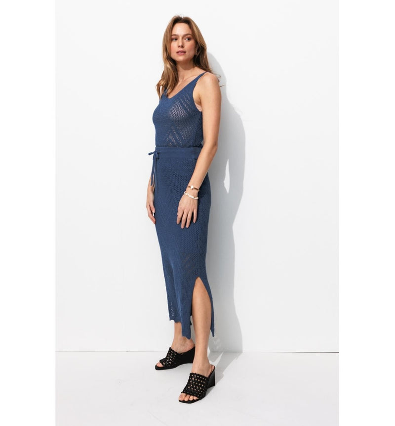 Jupe Midi en Maille Filet - Bleu Uni Colore