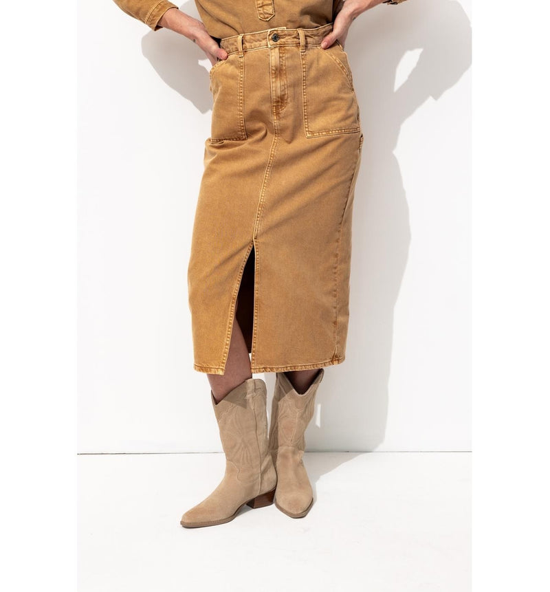 Jupe Midi en Jean Délavé Femme - Grège Uni Fonce
