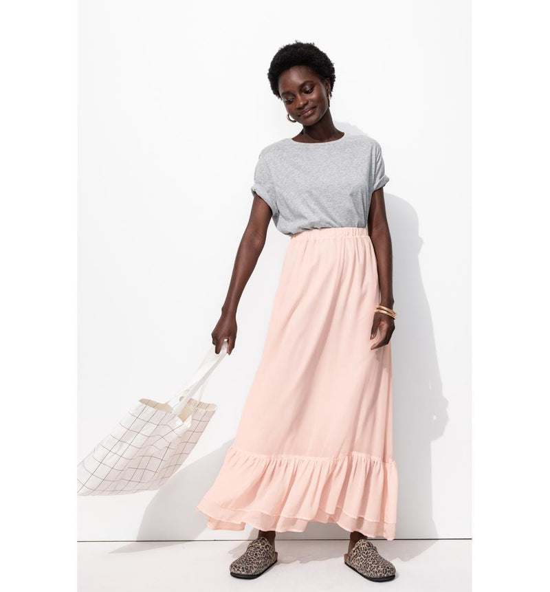Longue Jupe Volantée Femme - Rose Uni Colore