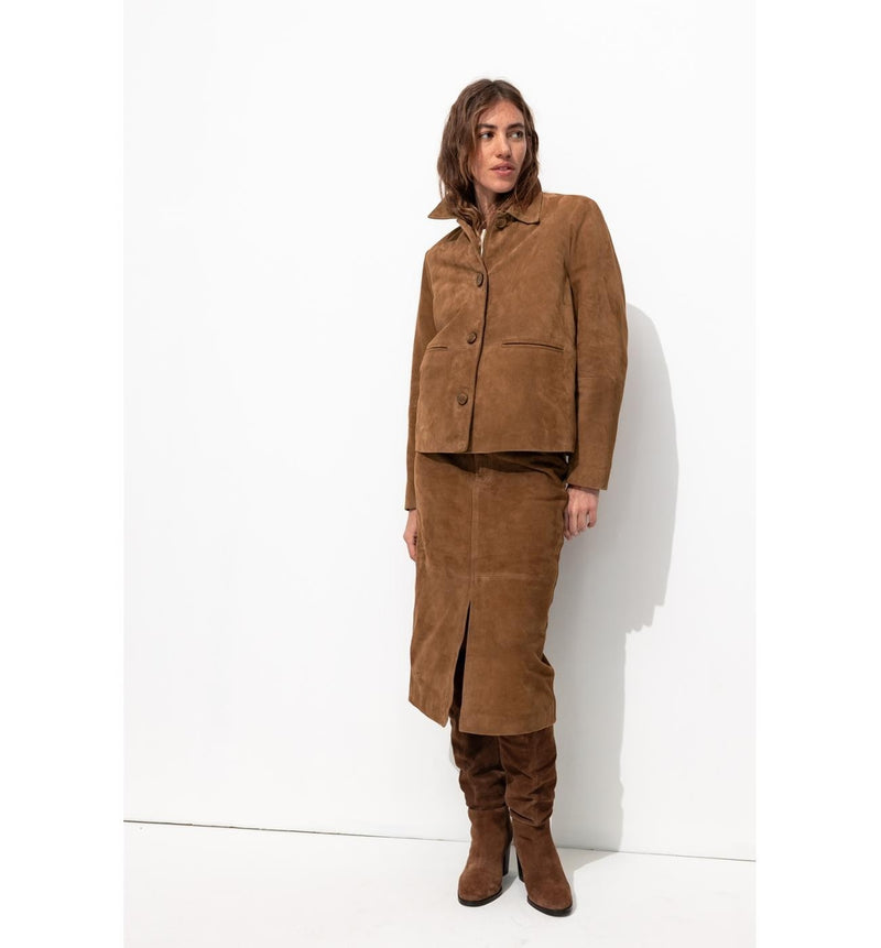 Jupe Midi 100% Cuir Daim Femme - Grège Uni Fonce