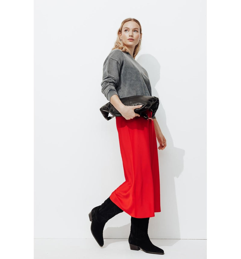 Jupe Midi en Satin Femme - Rouge Uni Colore