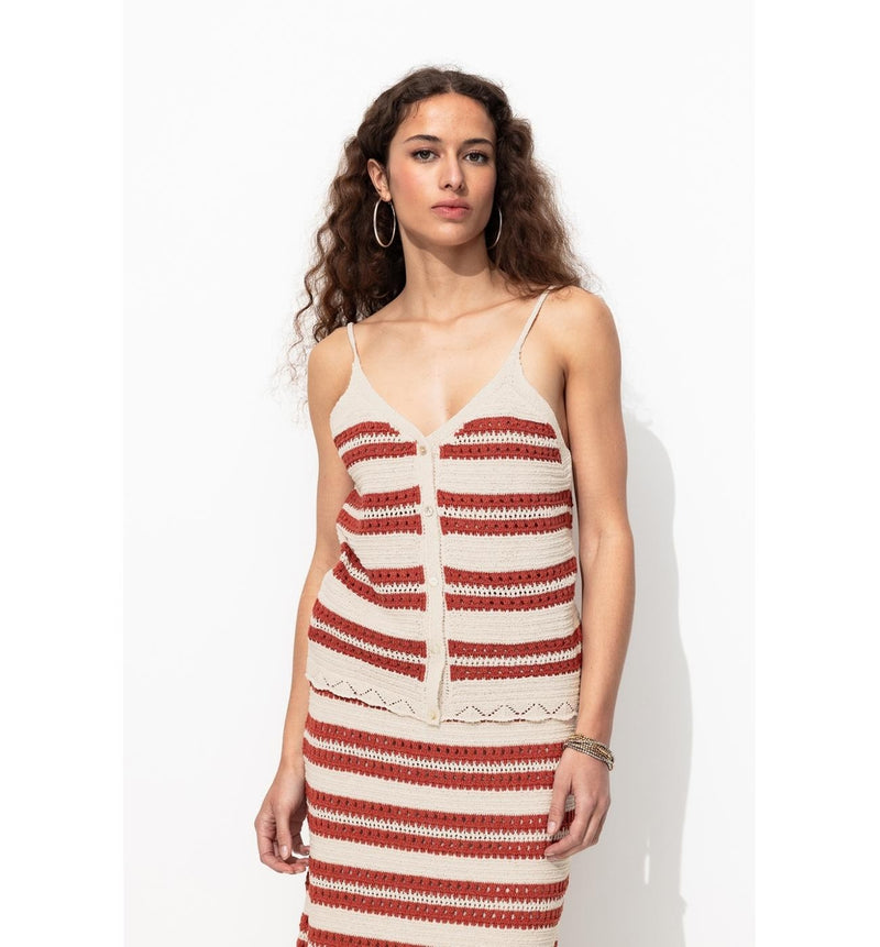 Débardeur Rayé en Maille Femme - Naturel Raye
