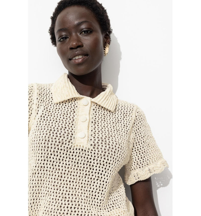 Pull Polo en Crochet Femme - Naturel Uni Clair