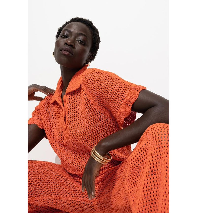 Pull Polo en Crochet Femme - Orange Uni Colore