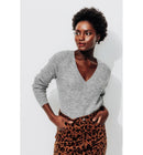 Pull Côtelé Col V Femme - Gris Uni Clair