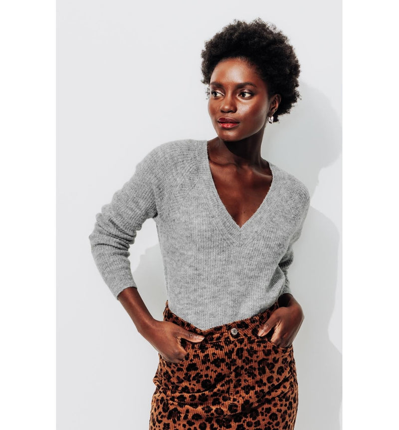 Pull Côtelé Col V Femme - Gris Uni Clair