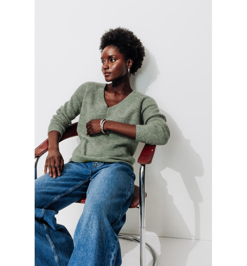 Pull Côtelé Col V Femme - Gris Uni Fonce