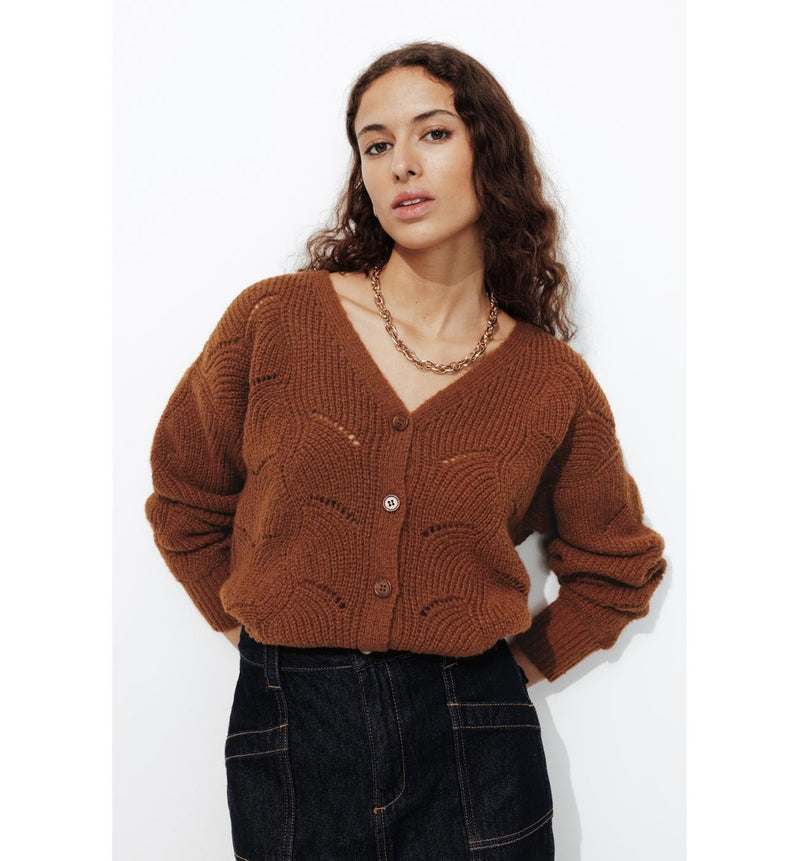 Cardigan Torsadé Femme - Marron Uni Fonce