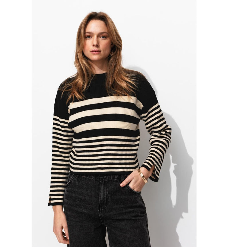 Pull Côtelé Marinière Femme - Noir Raye