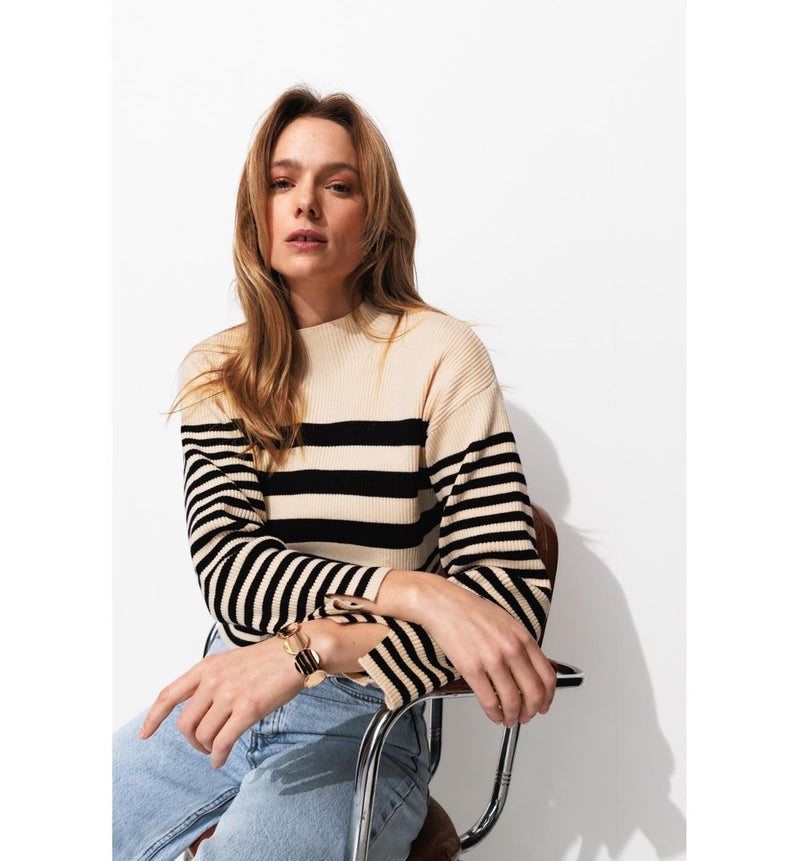 Pull Côtelé Marinière Femme - Naturel Raye