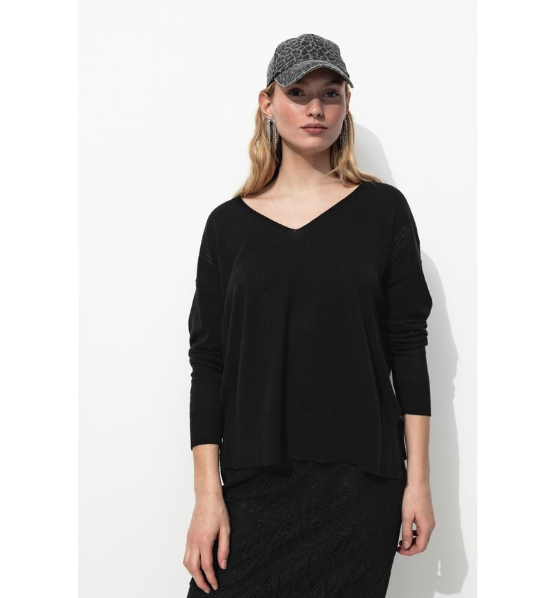 Pull Fin Ajouré Col V Femme - Noir Uni Fonce