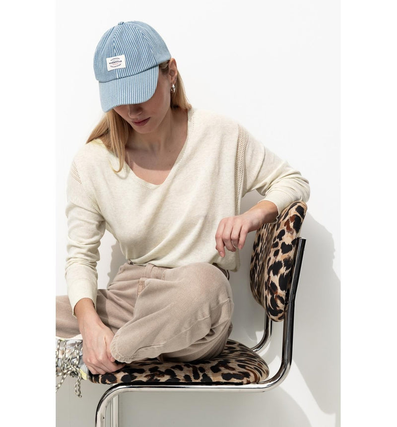 Pull Fin Ajouré Col V Femme - Naturel Uni Clair
