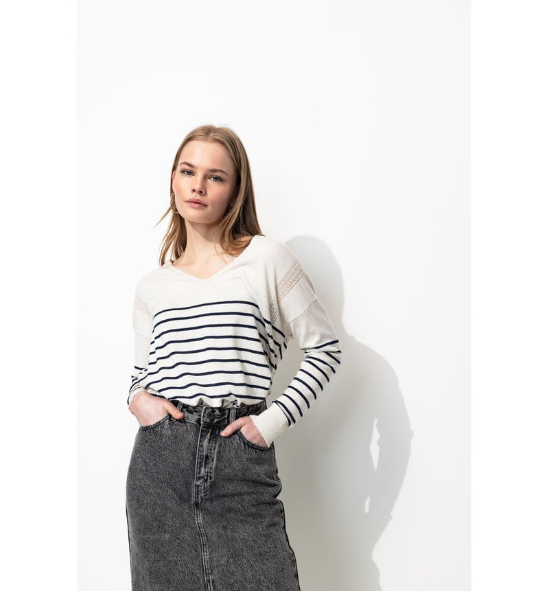 Pull Fin Ajouré Col V Femme - Bleu Raye