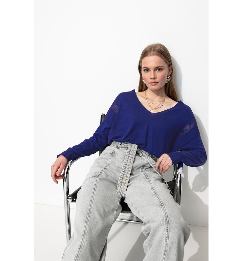 Pull Fin Ajouré Col V Femme - Bleu Uni Colore