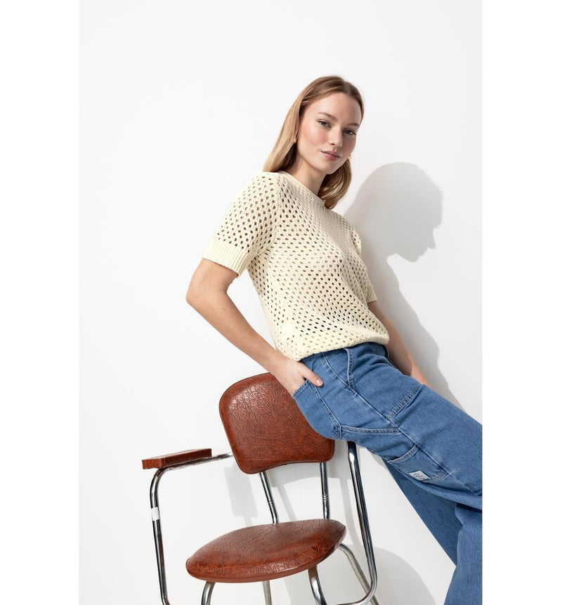 Pull Manches Courtes Femme - Naturel Uni Clair
