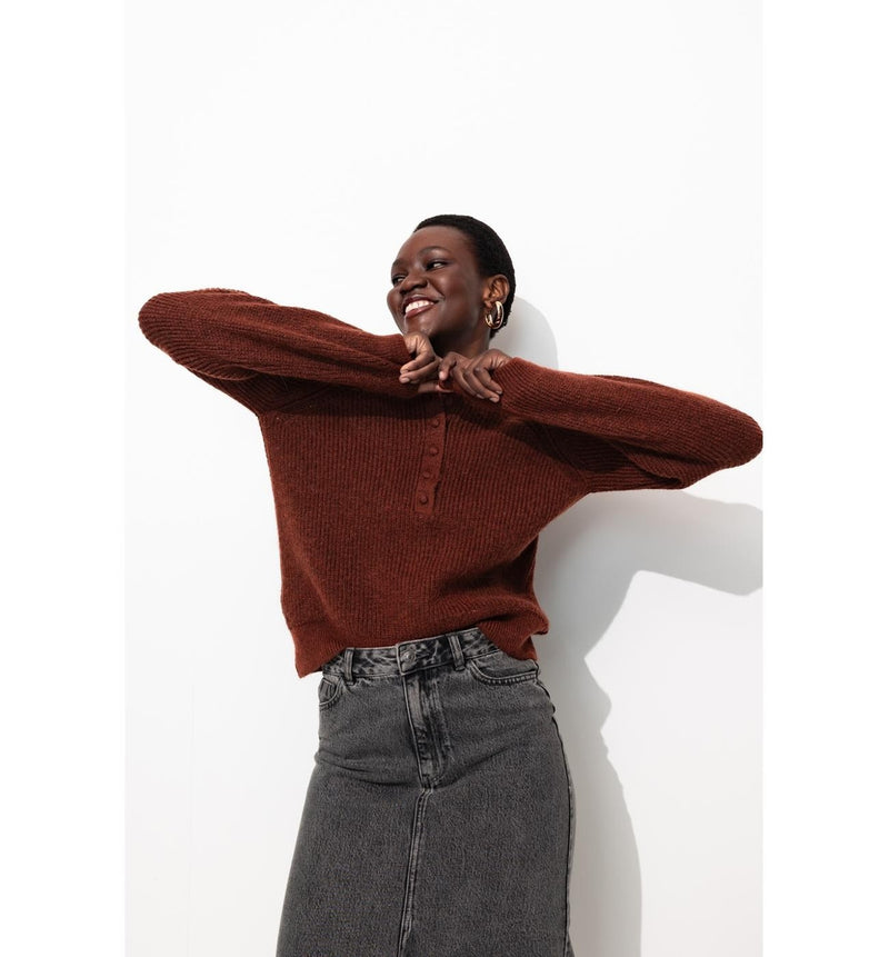Pull Côtelé Boutonné Femme - Marron Uni Fonce