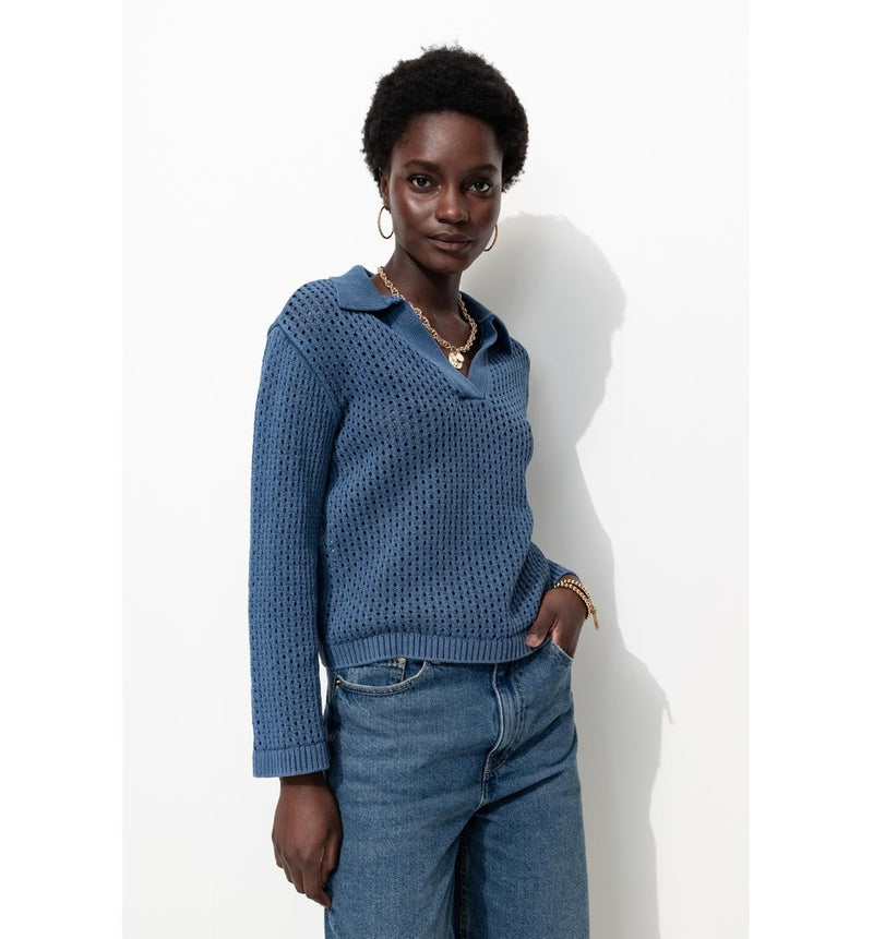 Pull en Coton Col Polo Femme - Bleu Uni Fonce
