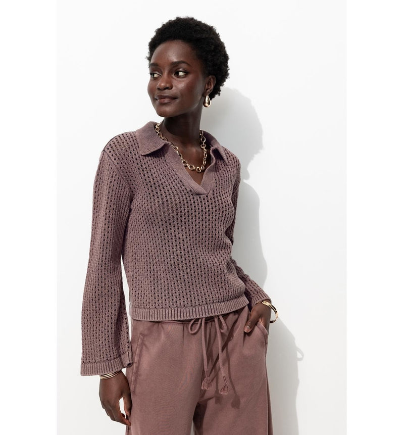 Pull en Coton Col Polo Femme - Violet Uni Colore