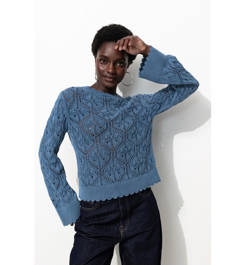 Pull Torsadé en Coton Femme - Bleu Uni Fonce