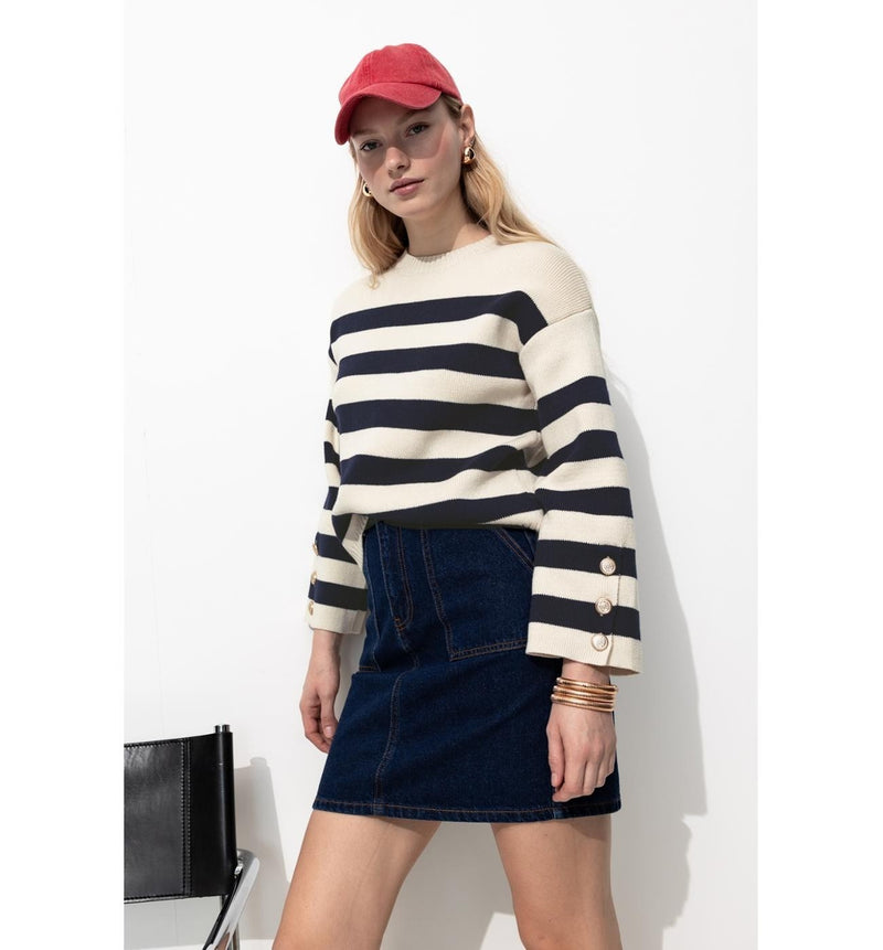 Pull Marin Rayé Femme - Naturel Raye
