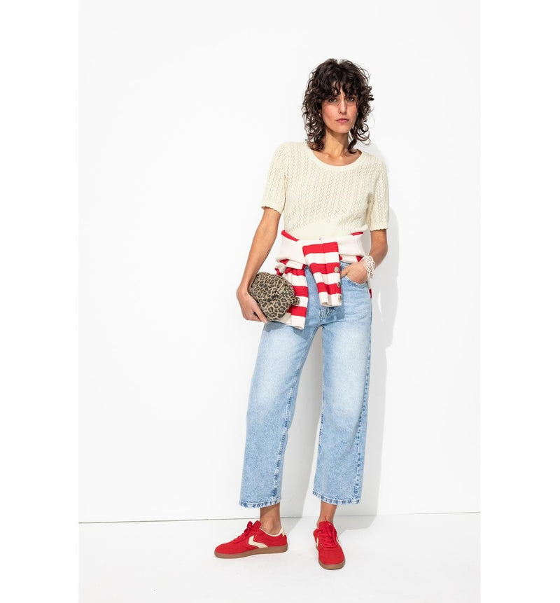 Pull Cropped Manches Courtes - Naturel Uni Clair