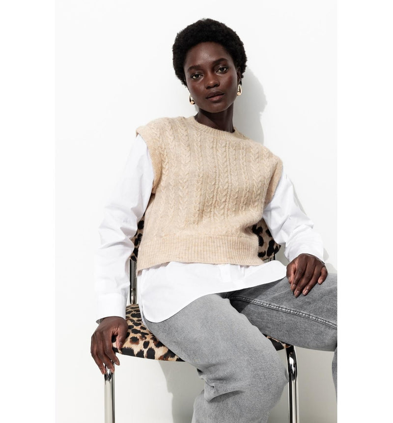 Pull Torsadé Effet 2 en 1 - Naturel Uni Clair