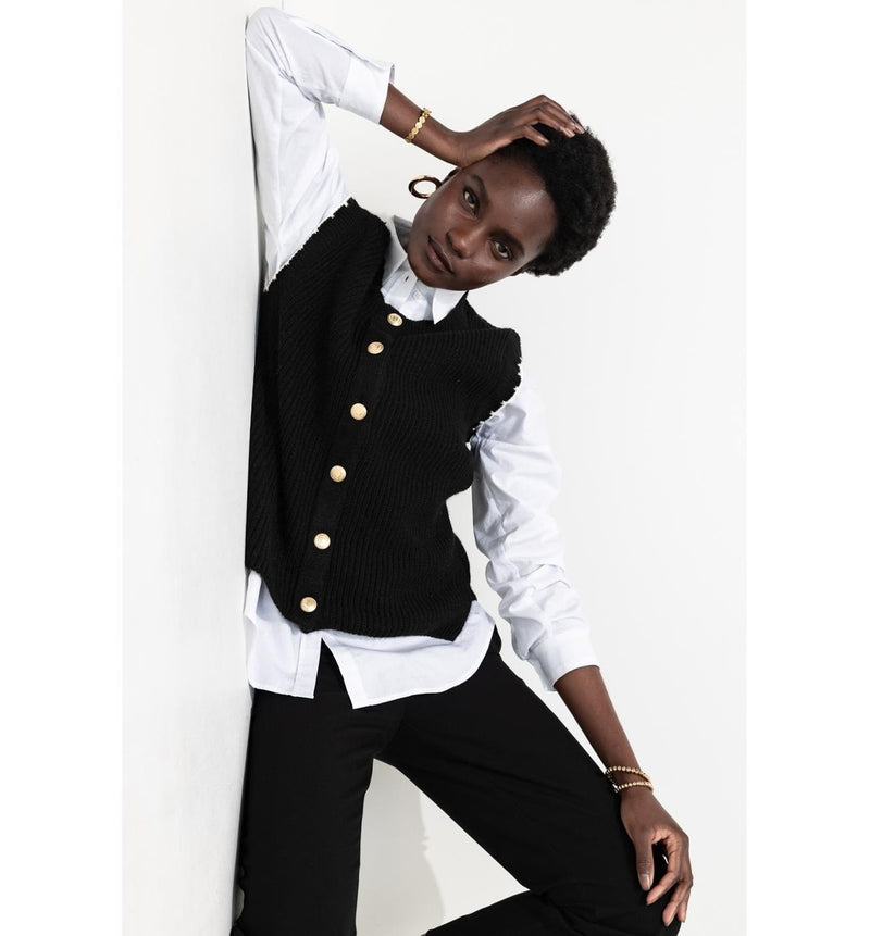 Cardigan sans Manches Femme - Noir Uni Fonce