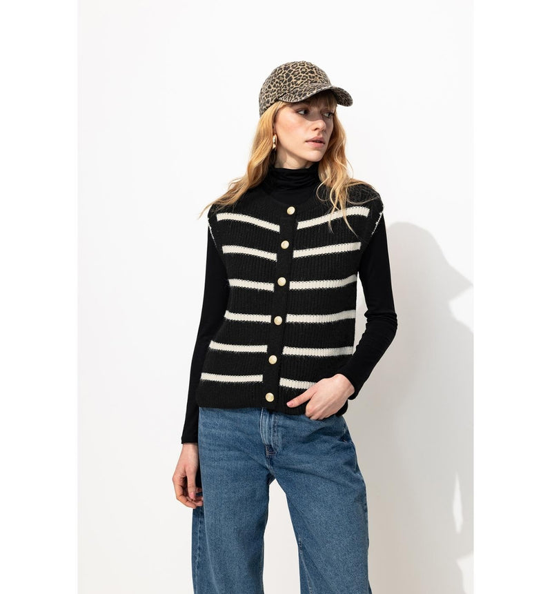 Cardigan sans Manches Femme - Noir Raye
