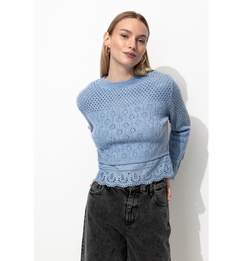 Pull Ajouré Effet Superposé - Bleu Uni Colore