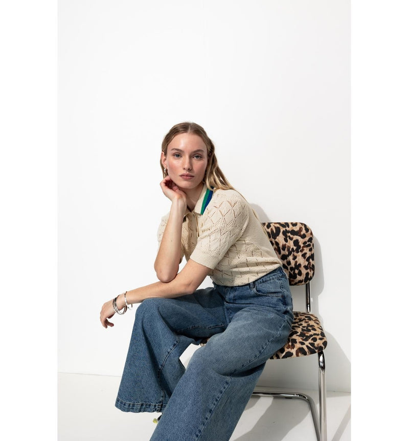 Pull Court Col Polo Femme - Naturel Uni Clair