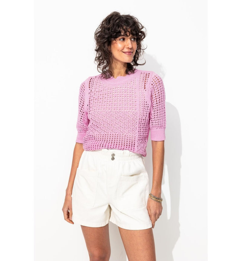 Pull Ajouré Manches Courtes - Rose Uni Colore