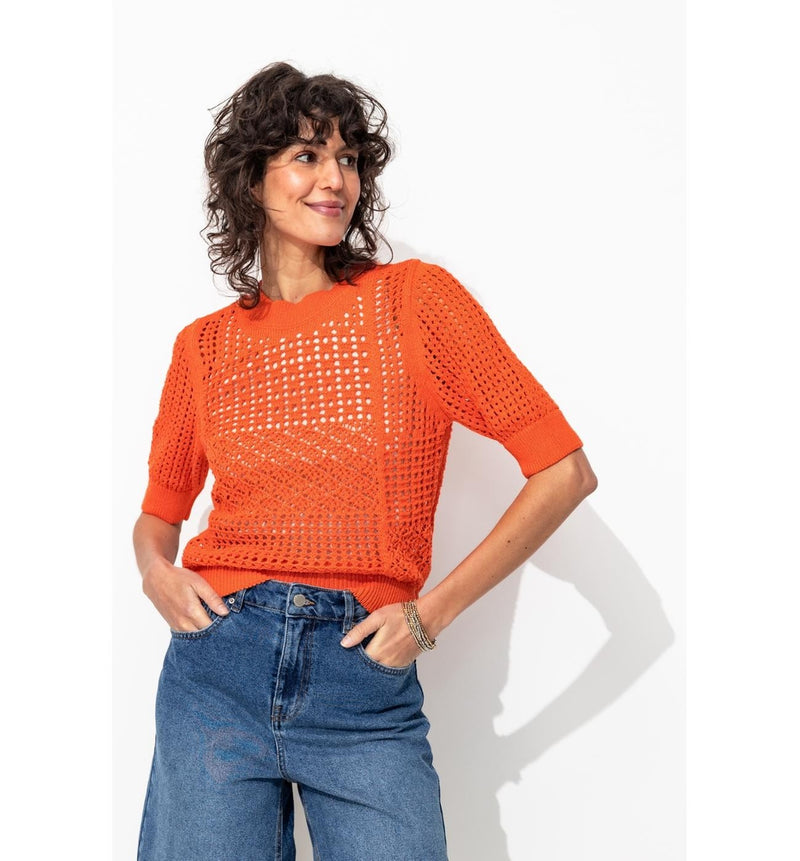 Pull Ajouré Manches Courtes - Orange Uni Colore