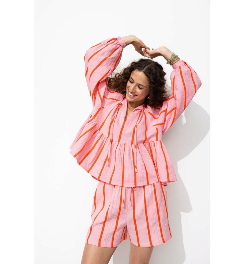 Short Rayé en Gaze de Coton - Rose Raye
