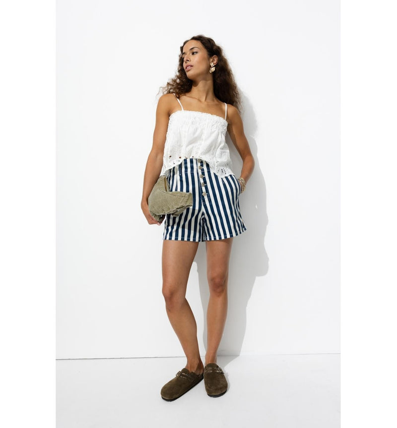 Short Rayé à Boutons Apparents - Bleu Raye