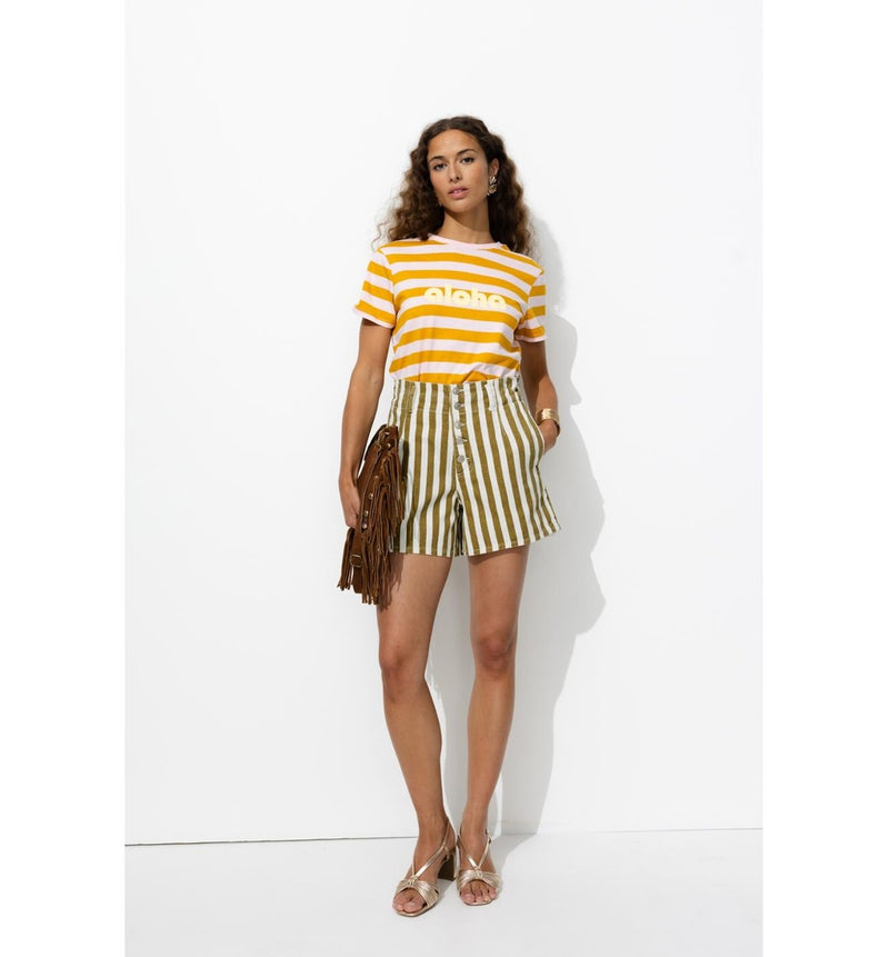 Short Rayé à Boutons Apparents - Kaki Raye