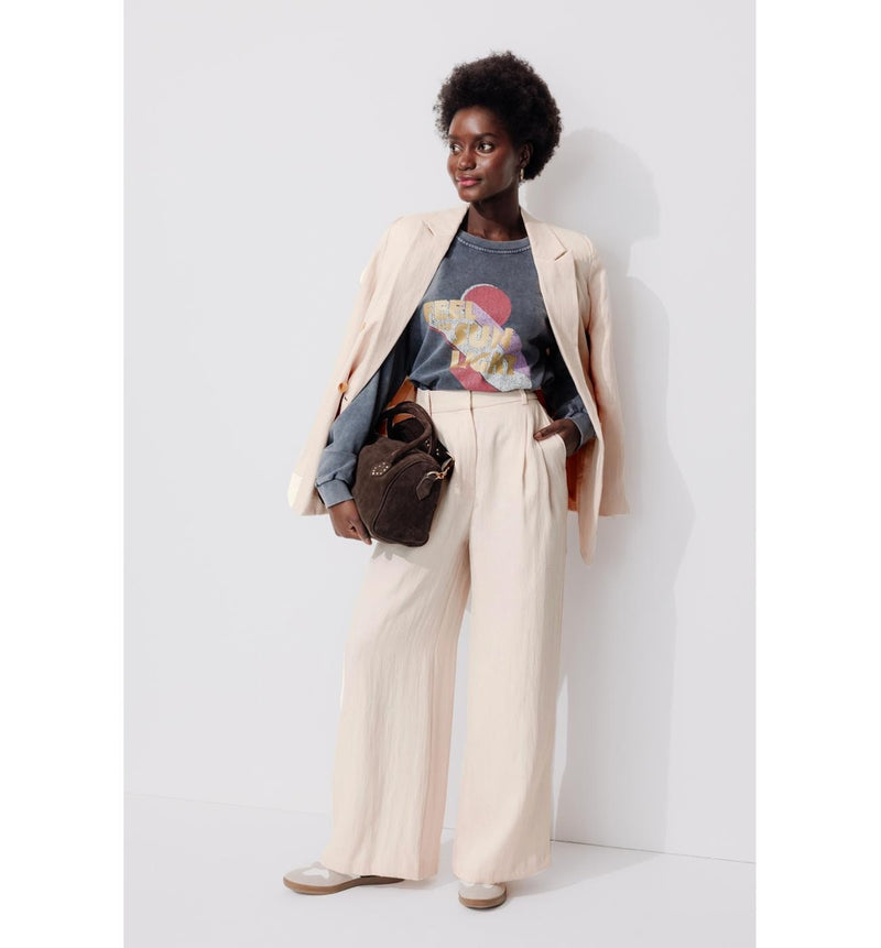 Pantalon de Tailleur Large - Naturel Uni Clair