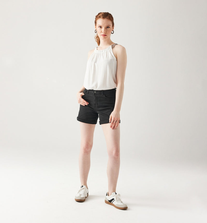 Short en Toile Unie Femme - Noir Uni Fonce