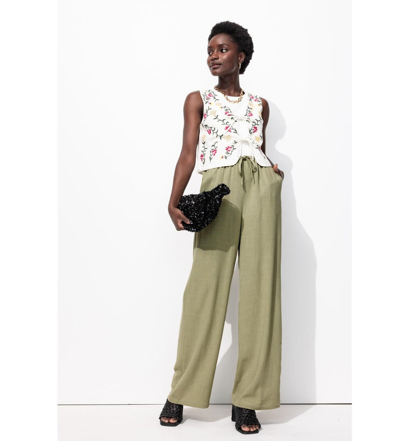 Pantalon Large Taille Haute - Kaki Uni Clair
