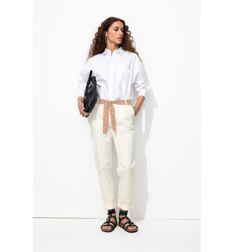 Pantalon Chino Ceinturé Femme - Blanc Uni Clair