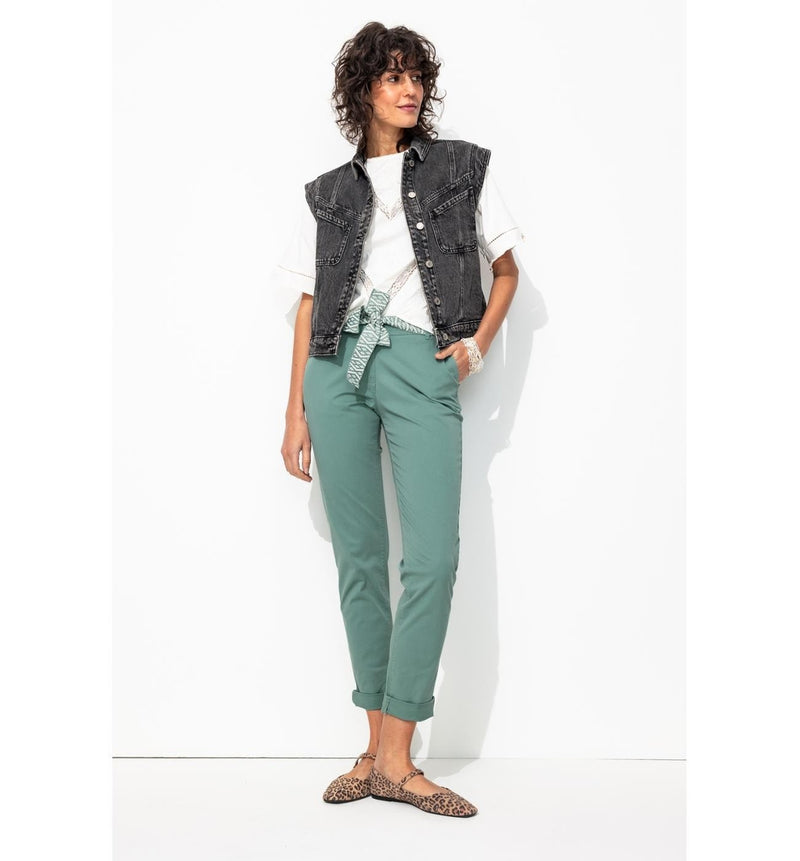 Pantalon Chino Ceinturé Femme - Gris Uni Fonce