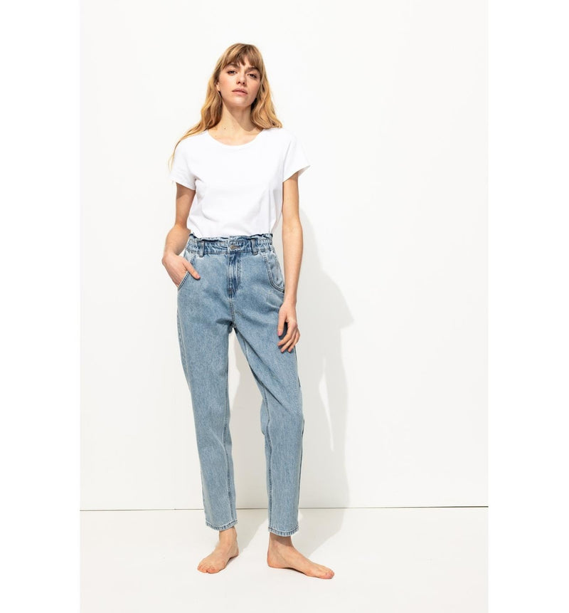 Jean Carrot Paper Bag Femme - Jeans Uni Fonce