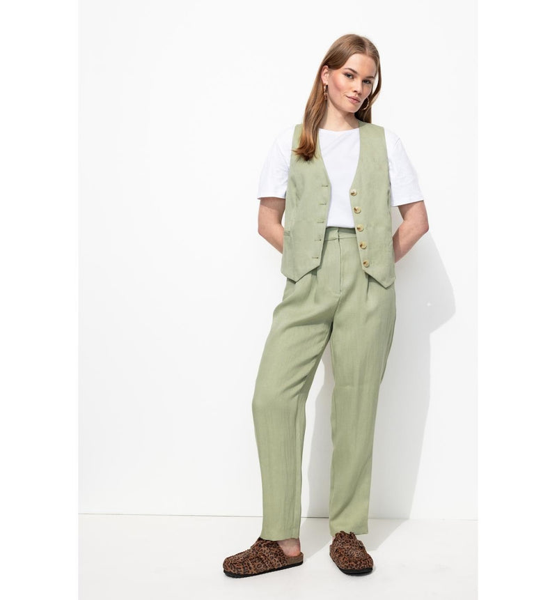 Pantalon à Pinces Taille Haute - Kaki Uni Clair