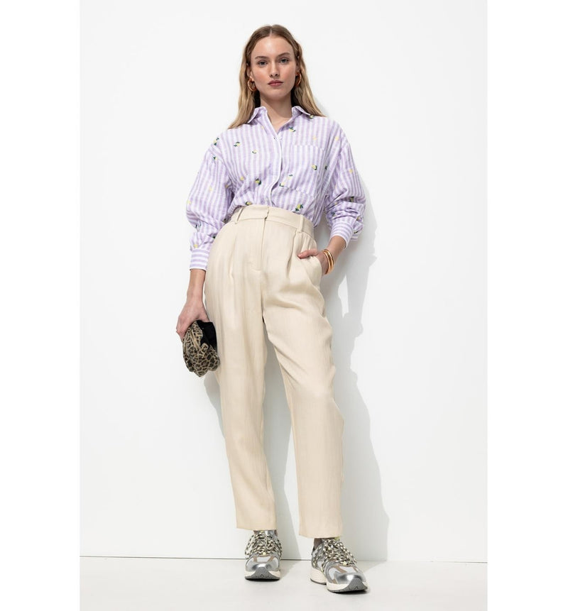 Pantalon à Pinces Taille Haute - Naturel Uni Clair