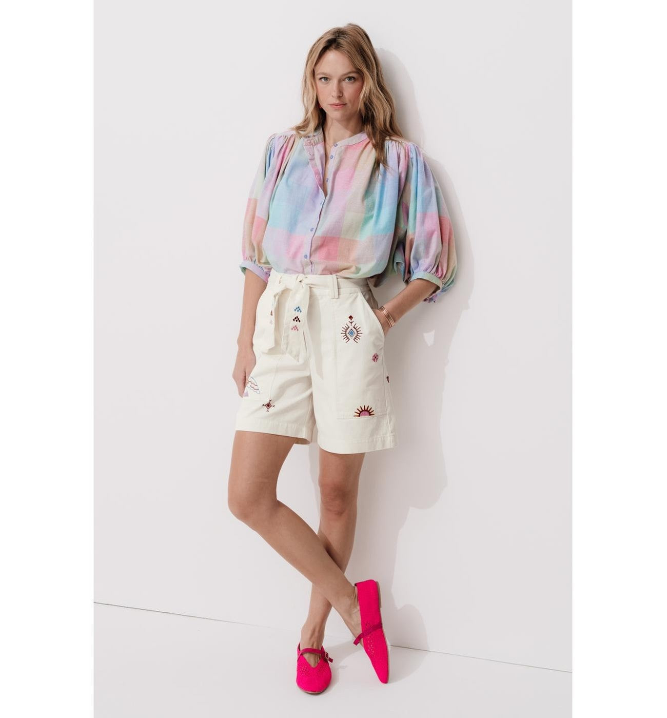 Short Brodé en Toile Sergé - Naturel Uni Clair