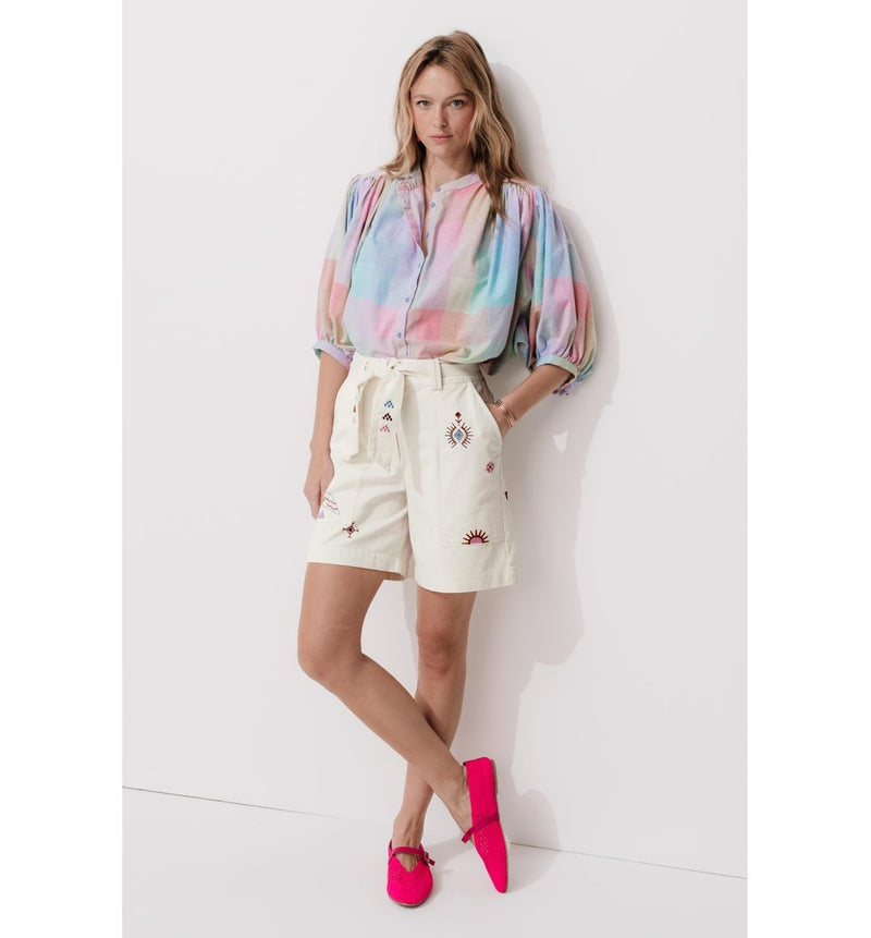 Short Brodé en Toile Sergé - Naturel Uni Clair