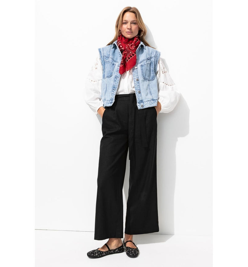 Pantalon Large en Lin Mélangé - Noir Uni Fonce