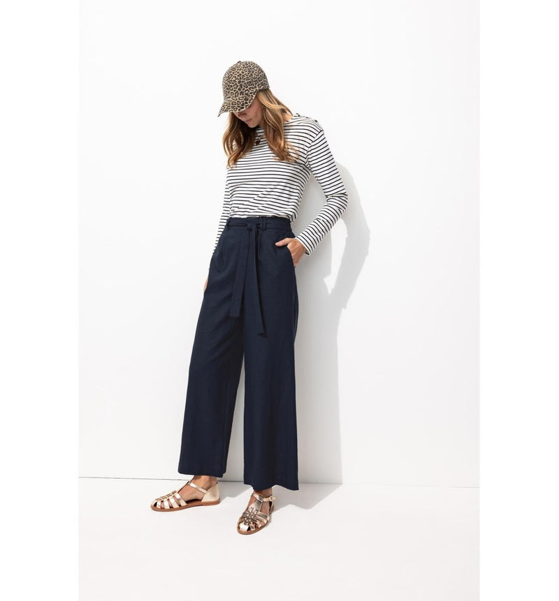 Pantalon Large en Lin Mélangé - Bleu Uni Fonce