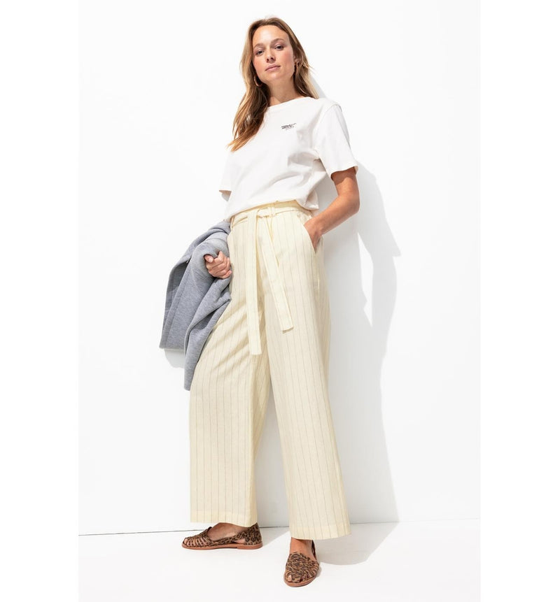 Pantalon Large en Lin Mélangé - Naturel Raye