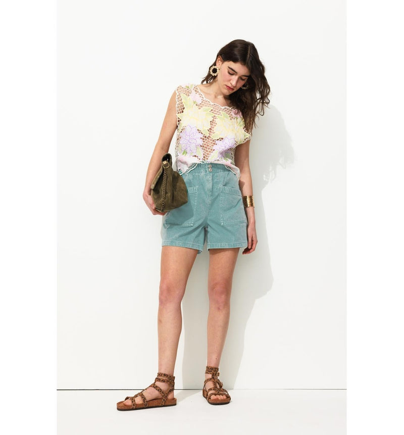 Short en Toile Unie Femme - Vert Uni Colore